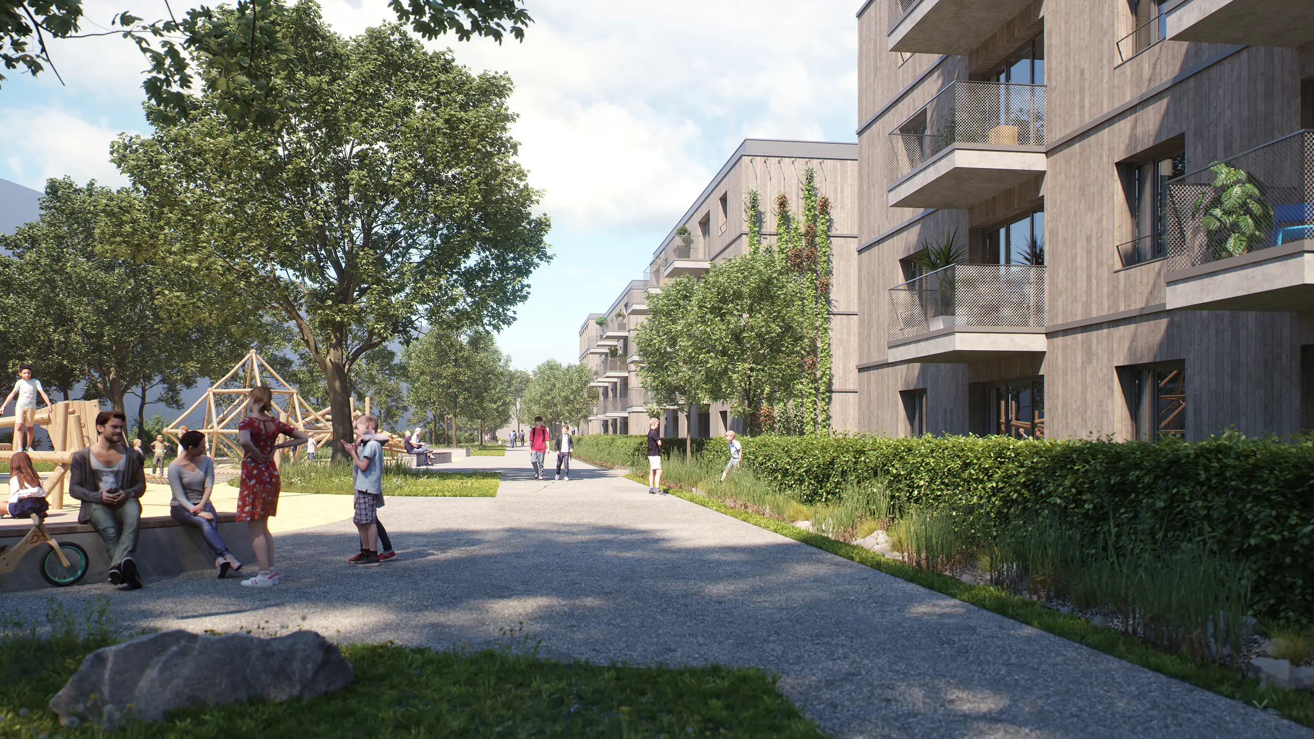 Visualisierung des Wohnquartiers Rodengrün mit begrünten Fassaden, Spielplatz und Spazierweg, umgeben von Bäumen und Menschen im Freien.
