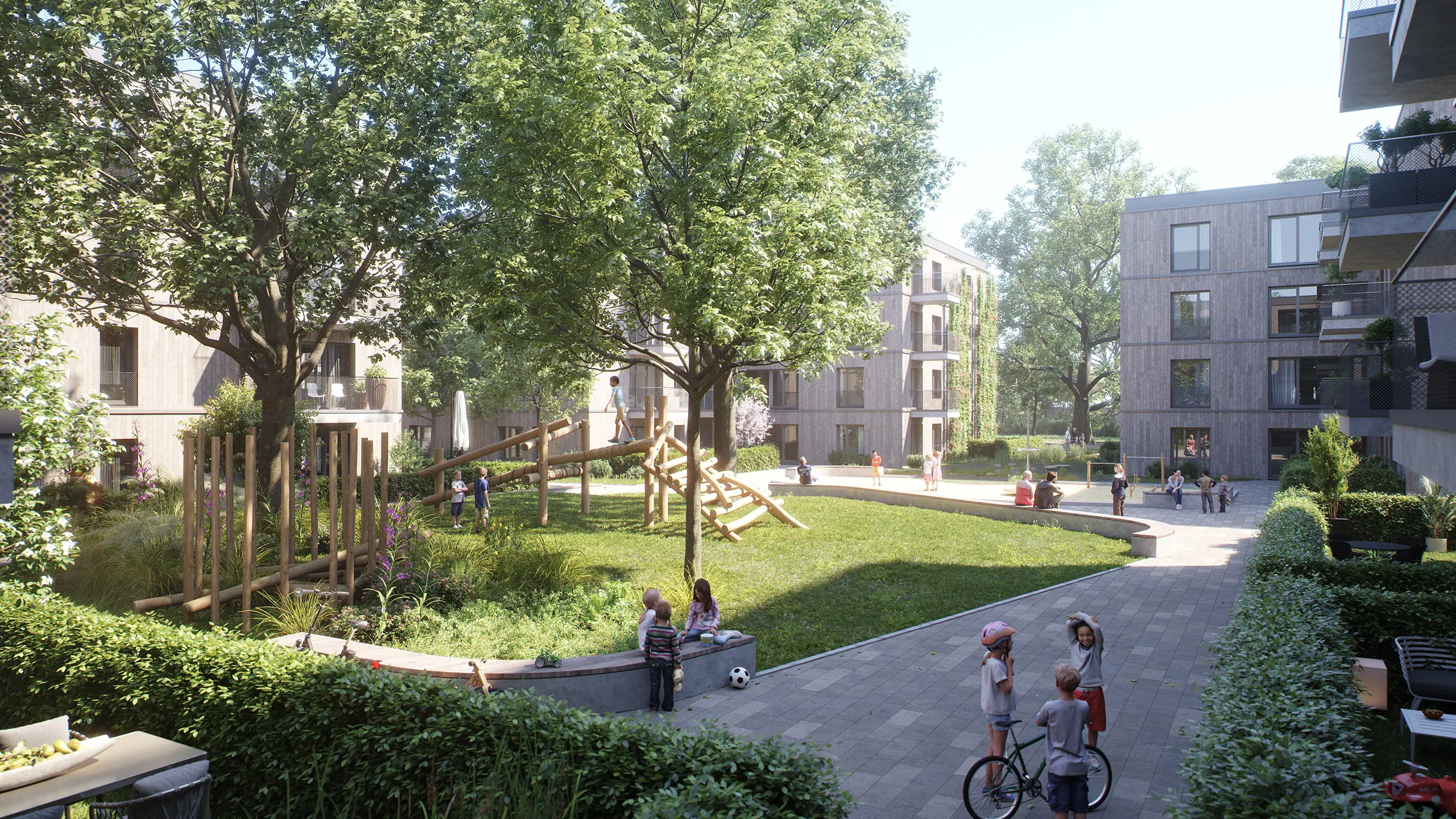Visualisierung eines grünen Innenhofs im Quartier Rodengrün mit Holzspielplatz, Bäumen und spielenden Kindern zwischen modernen Wohngebäuden.