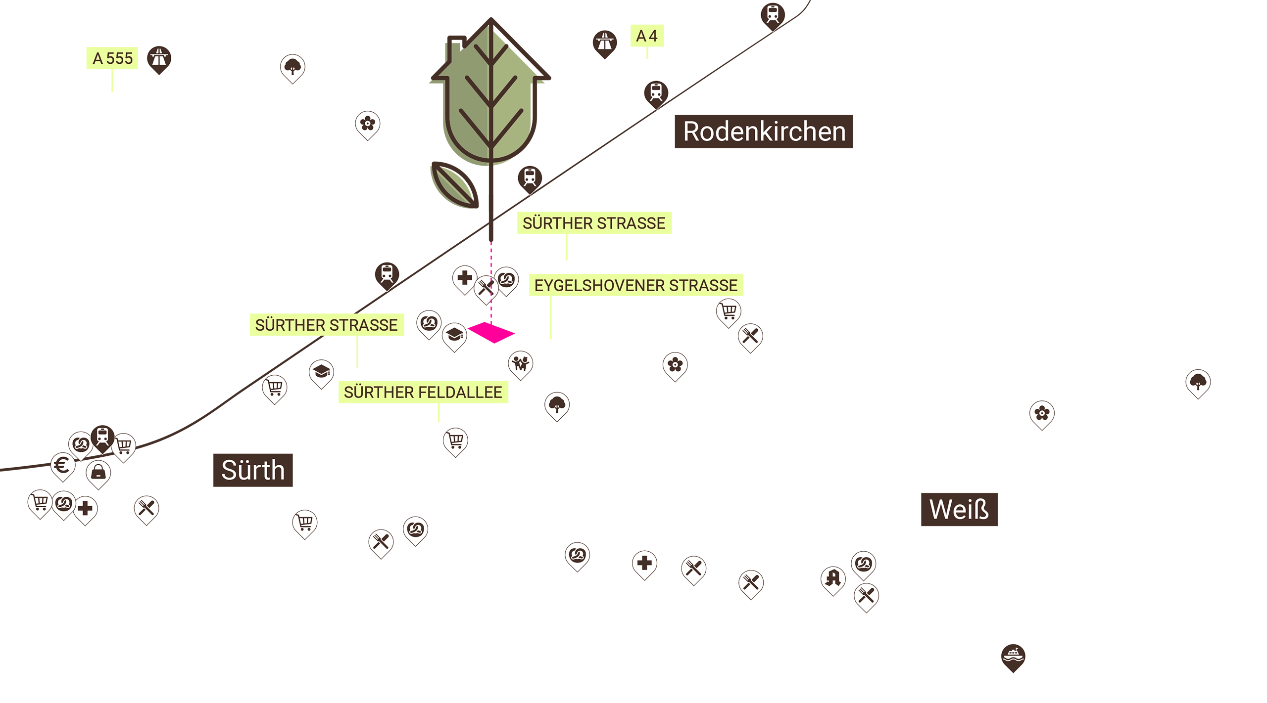 Karte des Kölner Südens mit dem Rhein und den Stadtteilen Rodenkirchen, Sürth und Weiß