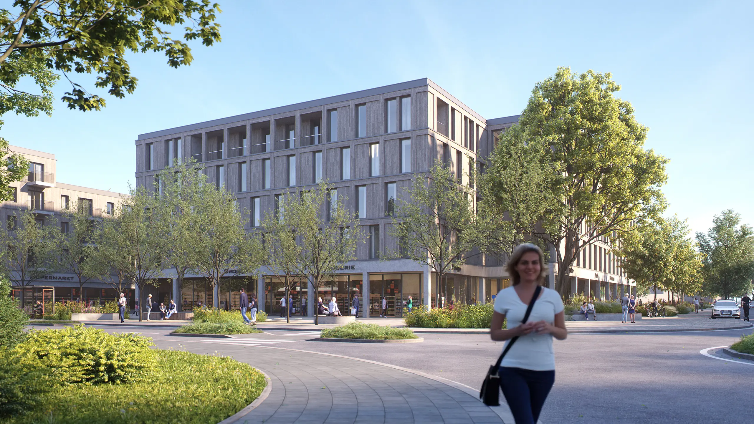 Visualisierung des Eingangsbereichs zum Quartier Rodengrün mit modernen Gebäuden, Geschäften im Erdgeschoss, Bäumen und flanierenden Menschen bei Sonnenschein.