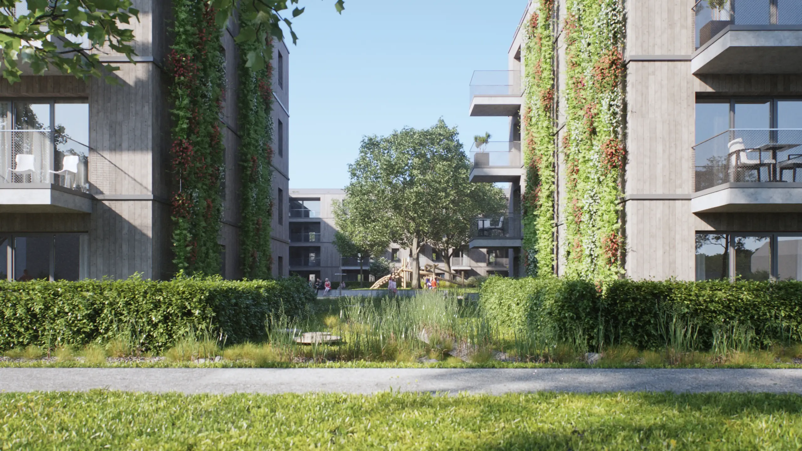 Visualisierung des begrünten Innenhofs im Quartier Rodengrün mit bepflanzten Fassaden, Bäumen und Spielbereich zwischen modernen Wohngebäuden.