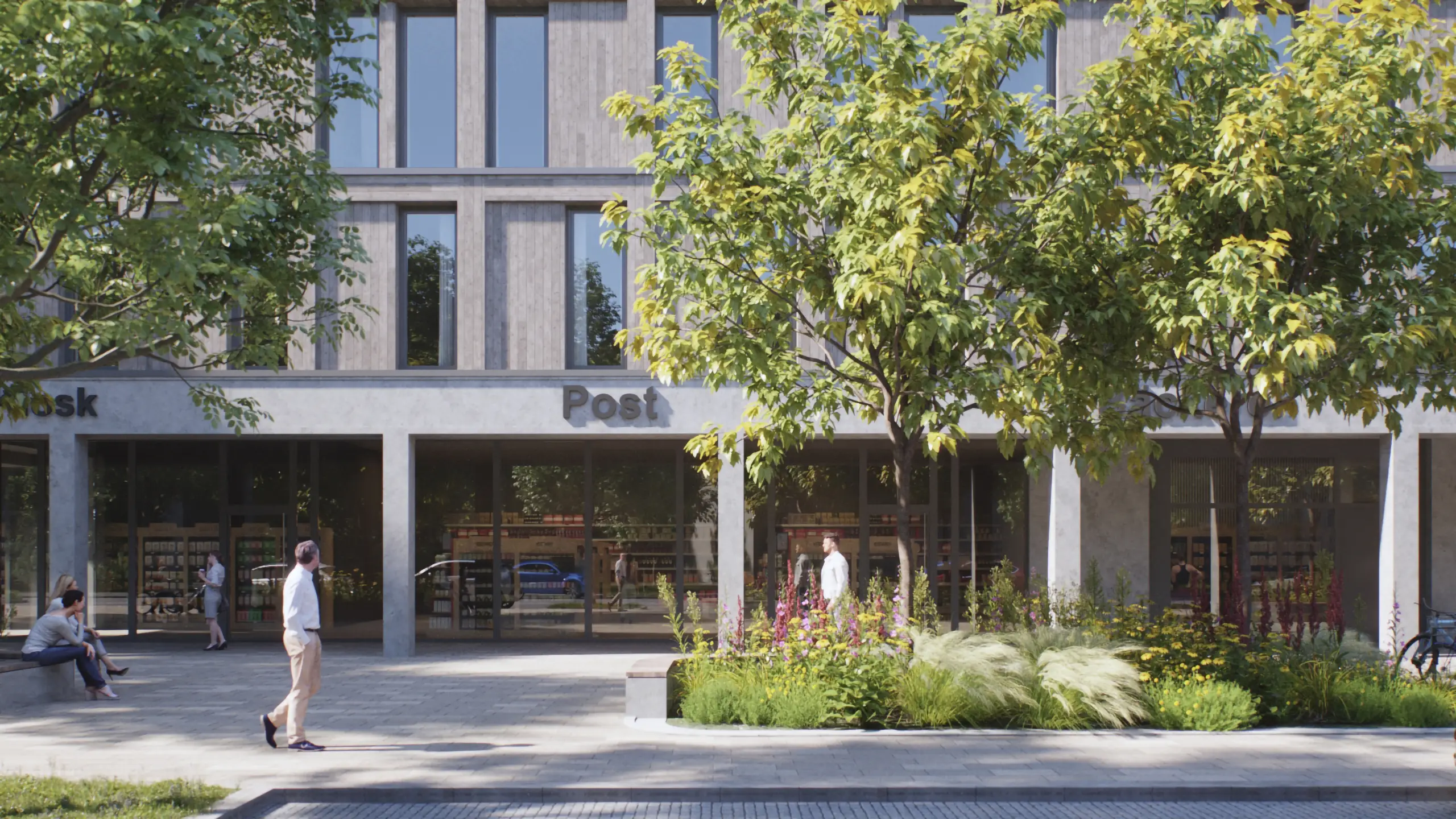 Visualisierung eines Gebäudes im Quartier Rodengrün mit Post und Kiosk im Erdgeschoss, bepflanzten Beeten und Menschen auf dem Platz davor.