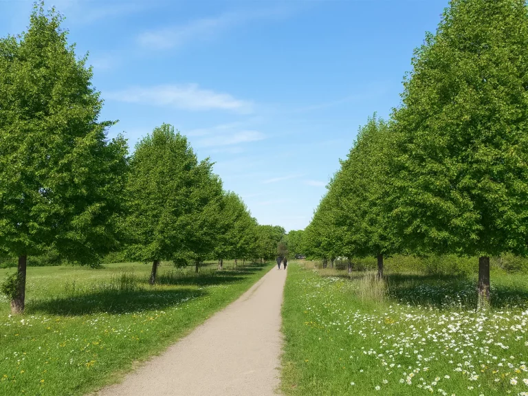 Foto eines baumbestandenen Spazierwegs beim Sürther Feld mit grüner Wiese und blauem Himmel im Frühling.